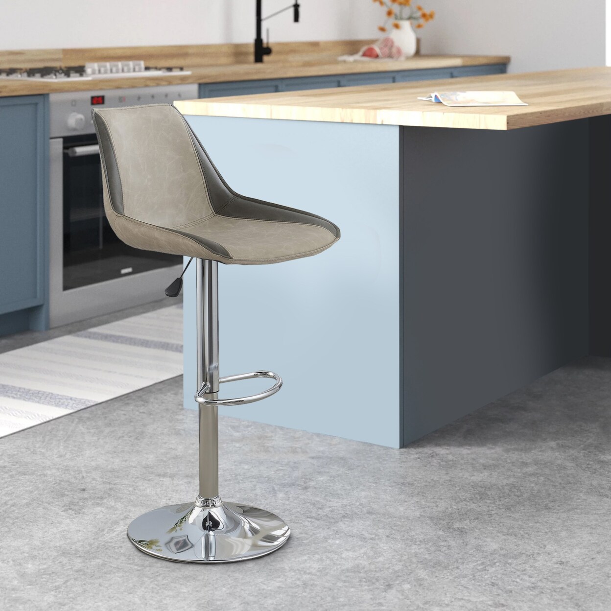 Saltoro Sherpi Carl 25-29 Inch Vegan Faux Leather Bar Stool, Adjustable Height, Beige Seat-