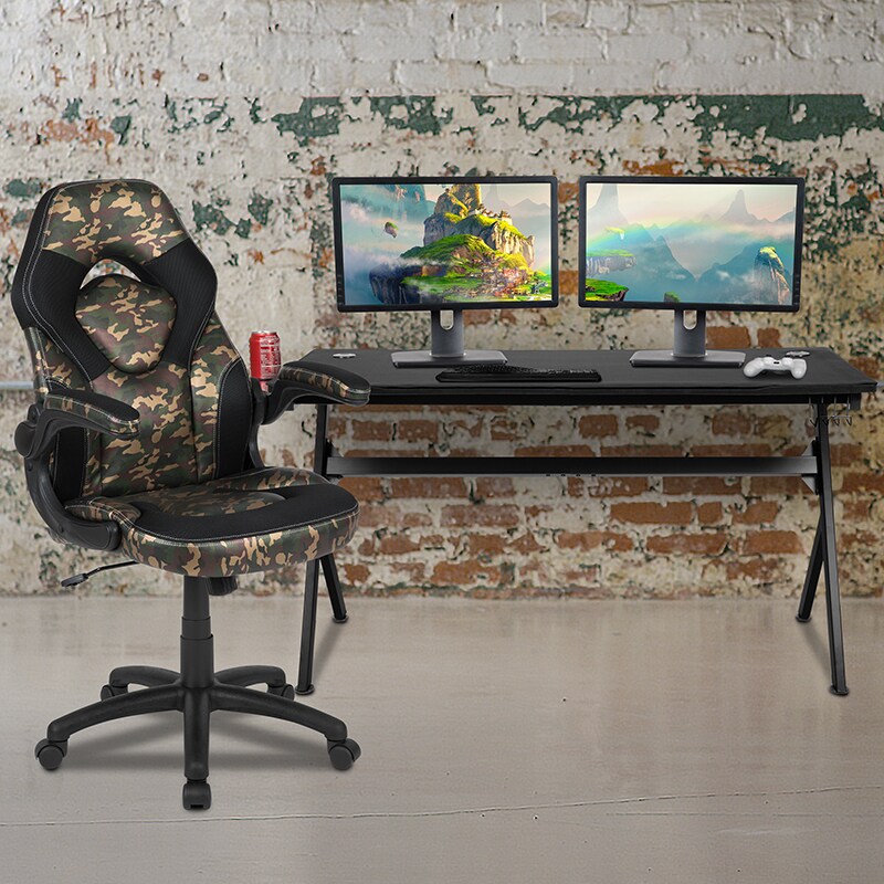 Flash Furniture Gaming Desk And Camouflageblack Racing Chair Set Cup  Holderheadphone Hookremovable Mouse Pad Top 2 Wire Management Holes