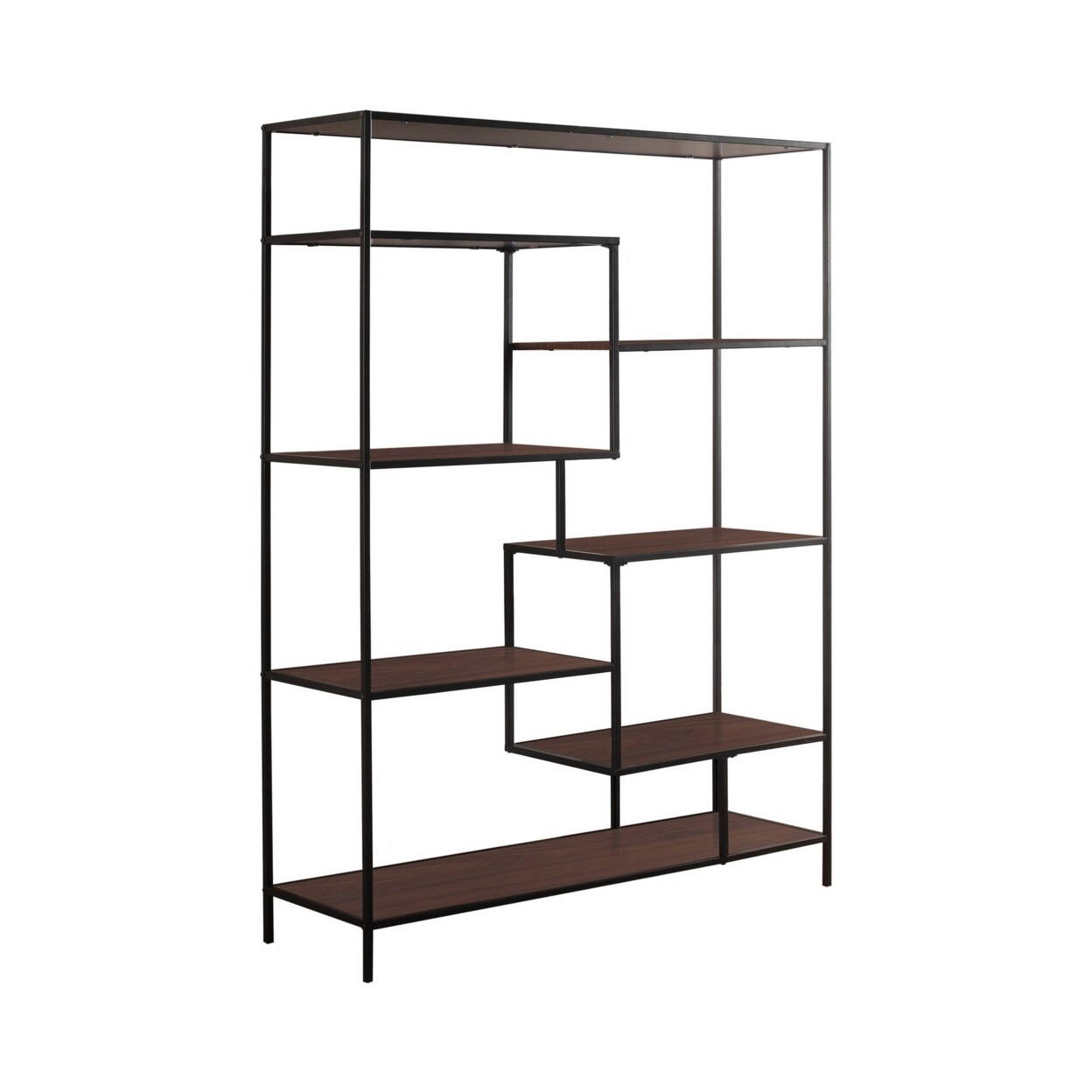 Saltoro Sherpi 65 Inch Bookcase Etagere, 7 Walnut Brown Wood Shelves, Black Metal Frame-