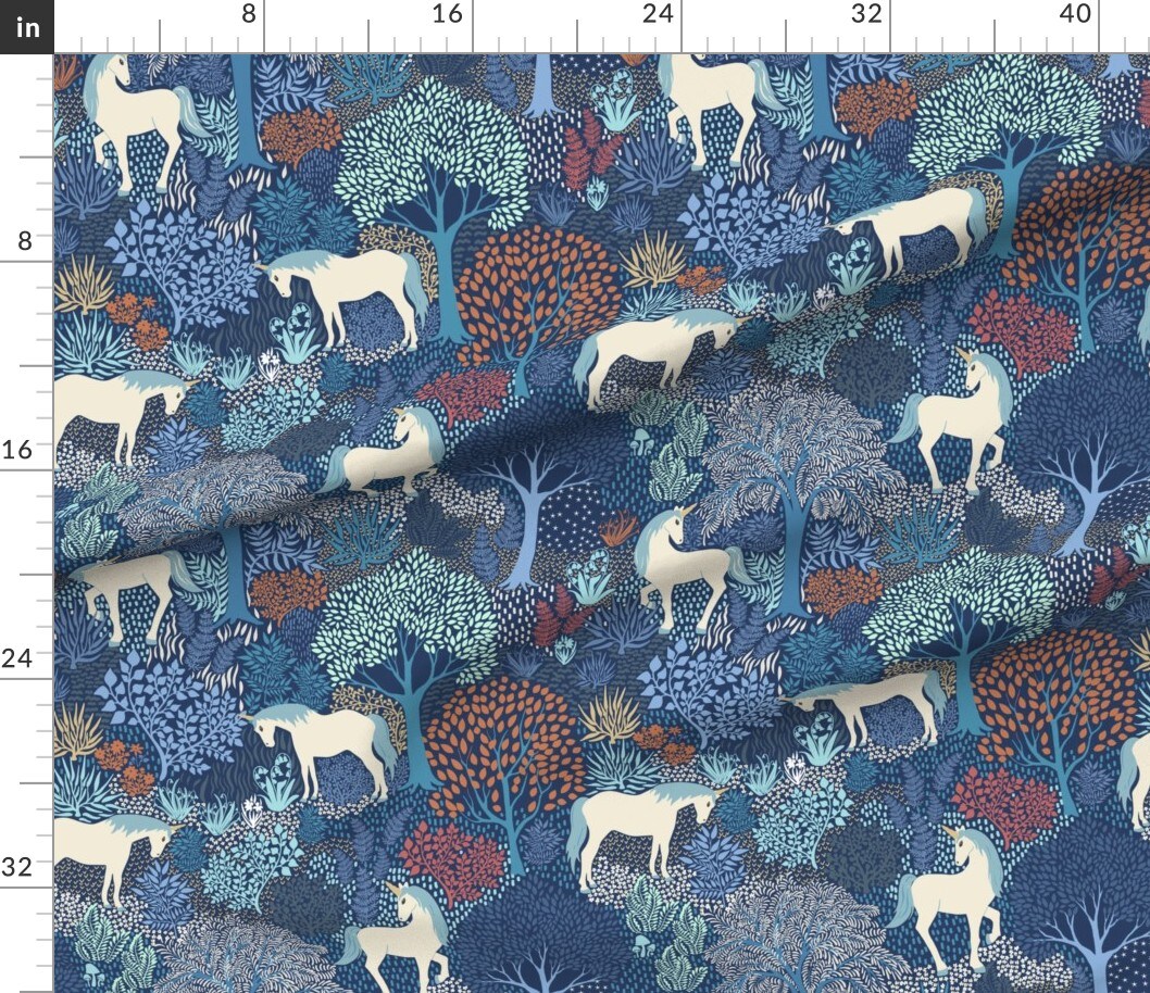 Unicorn Magic Woodland Fairy Tale Blue Cream Large Scale Fantasy Custom Printed Fabric by Spoonflower Various Fabrics by the Yard or Fat Quarter
