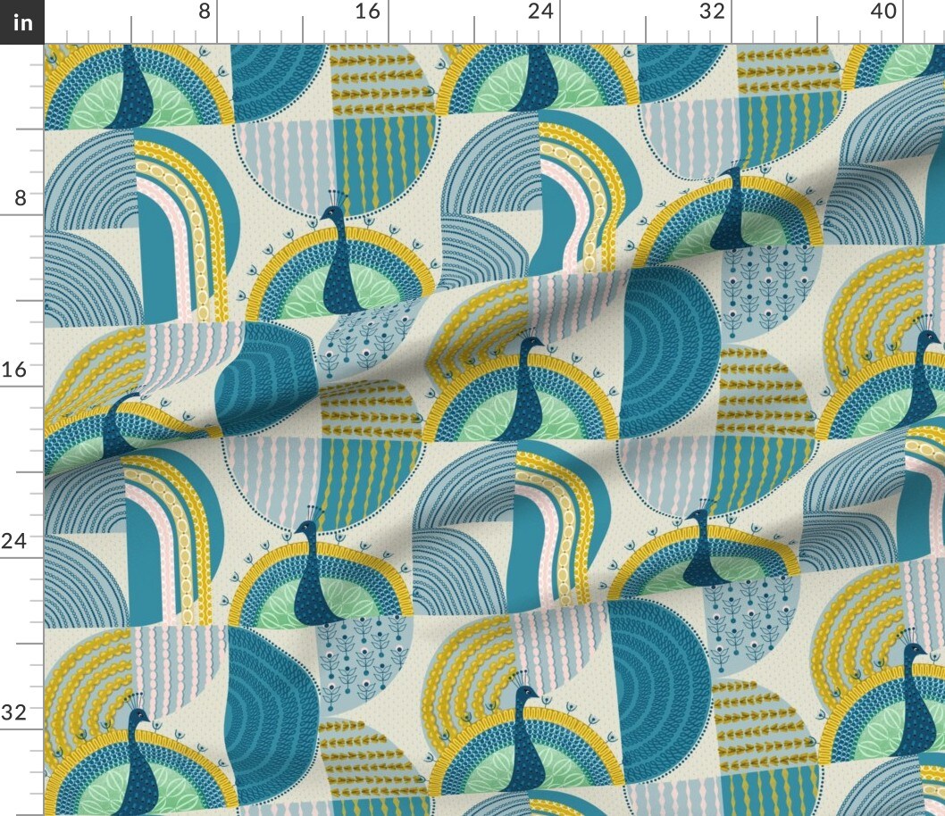 Various Fabrics by the Yard or Fat Quarter Geometric Peacock Lagoon Blue Midcentury Custom Printed Fabric by Spoonflower