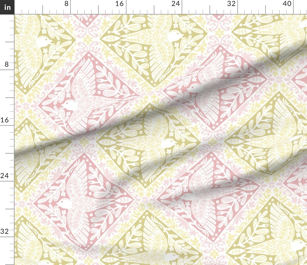 Scandi Damask Pastel Pink Yellow Feminine Cheerful Playful Delicate Romantic Large Scale Custom Printed Fabric by Spoonflower Various Fabrics by the Yard or Fat Quarter