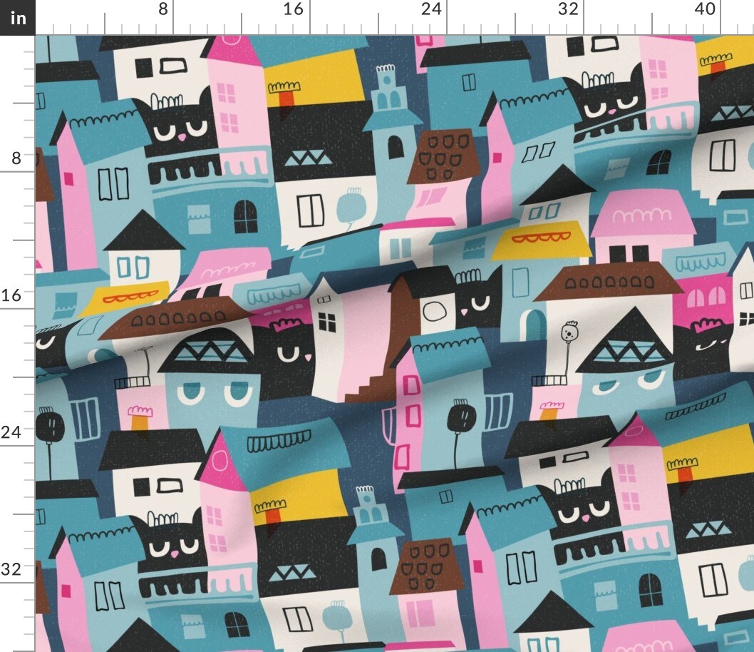 Black Cat Whimsical Colorful Cityscape Teal Pink Custom Printed Fabric by Spoonflower Various Fabrics by the Yard or Fat Quarter