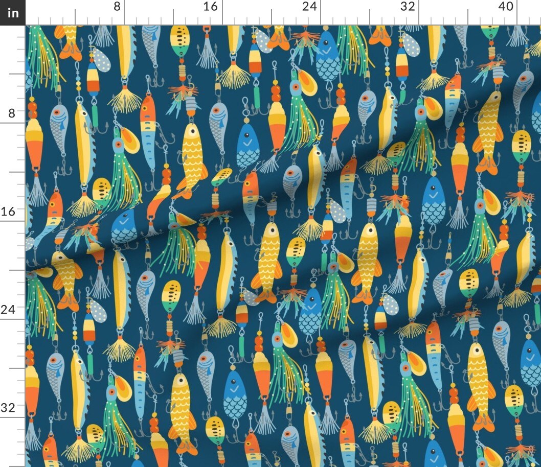 Petal Signature Cotton by the Yard or Fat Quarter Fishing Dark Blue Bait  Tackle Outdoor Custom Printed Fabric by Spoonflower