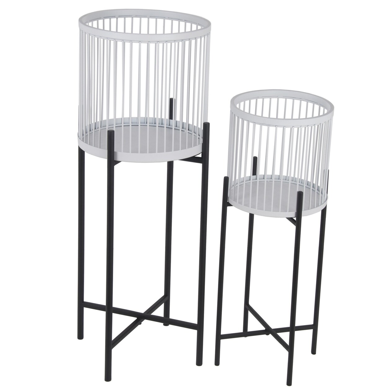 Saltoro Sherpi Cylindrical Cage Metal Frame Plant Stand with Tubular Legs, Set of 2, White-