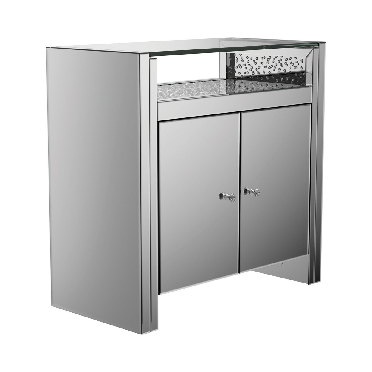 Saltoro Sherpi Regi 32 Inch Modern Mirrored Sideboard Buffet Console Cabinet, Silver