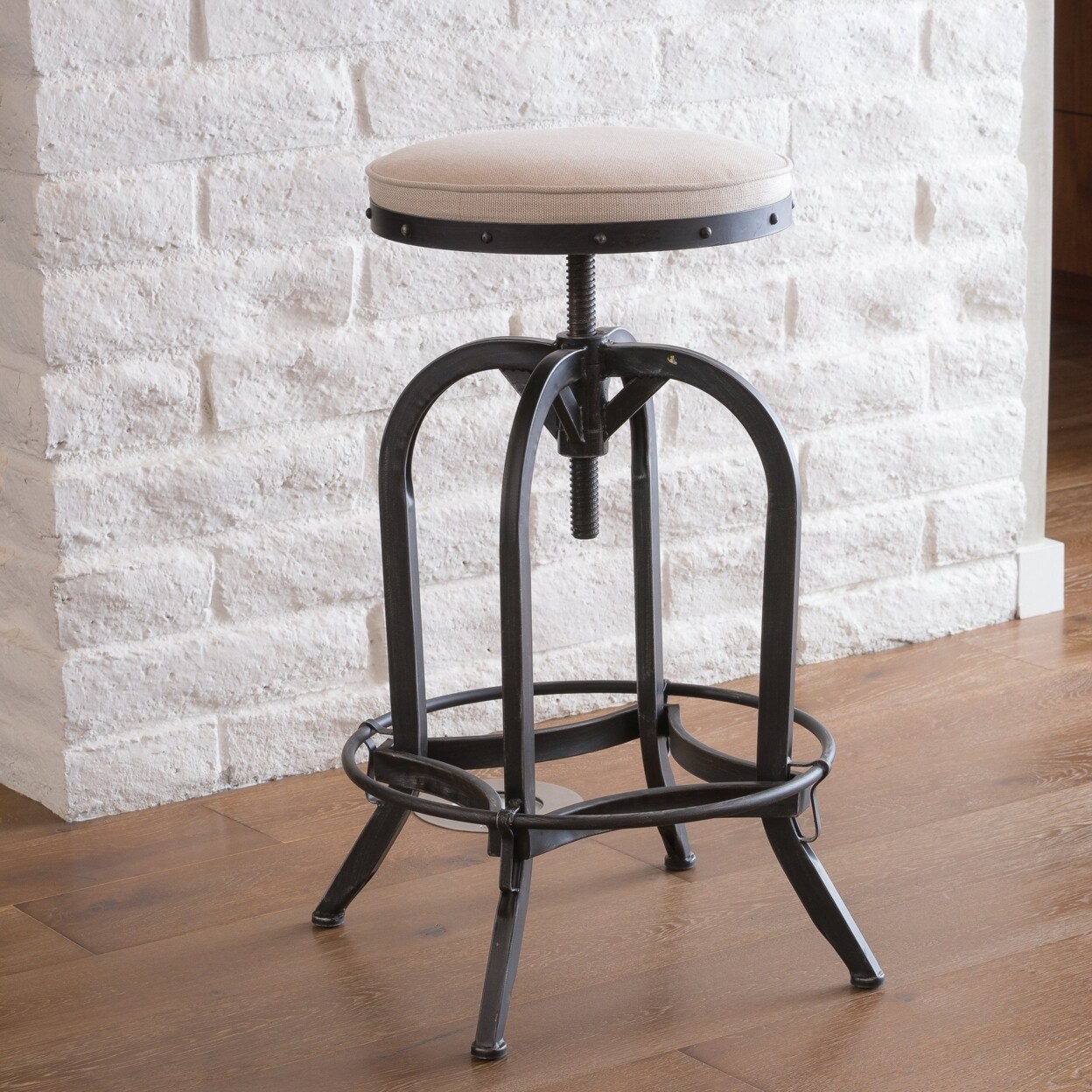 GDF Studio Brixton Industrial Design Adjustable Swivel Iron Bar Stool in Beige Linen