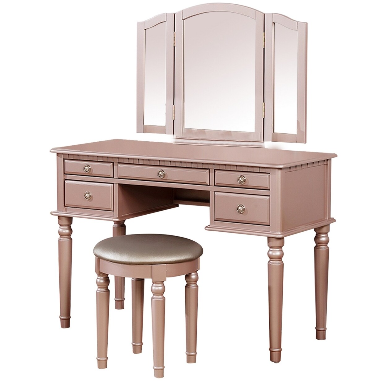 Saltoro Sherpi Vanity Set with Turned Tapered Legs and Three Piece Mirror, Rose Gold-
