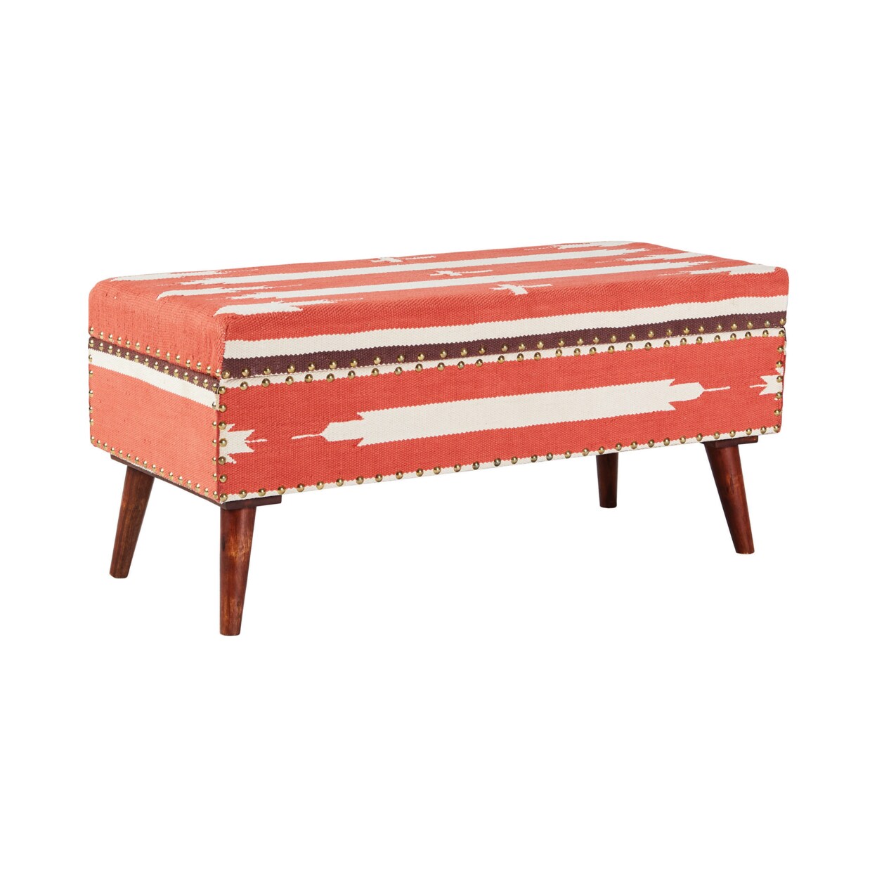 Saltoro Sherpi 36 Inch Modern Bench, Nailhead Trim, Woven Soft Cotton, Orange, Beige-