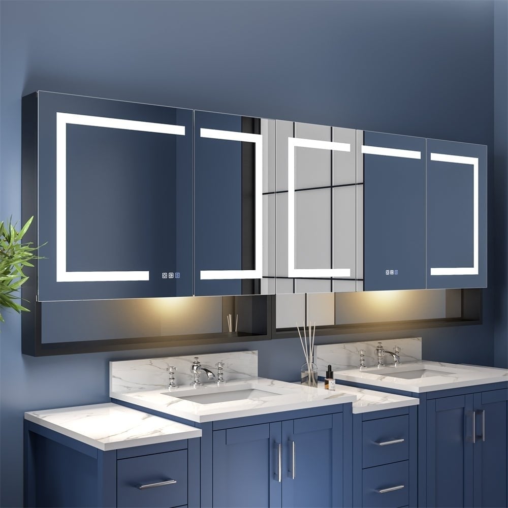 Allsumhome Ample 84&#x22; W x 32&#x22; H LED Lighted Mirror Black Medicine Cabinet with Shelves for Bathroom Recessed or Surface Mount