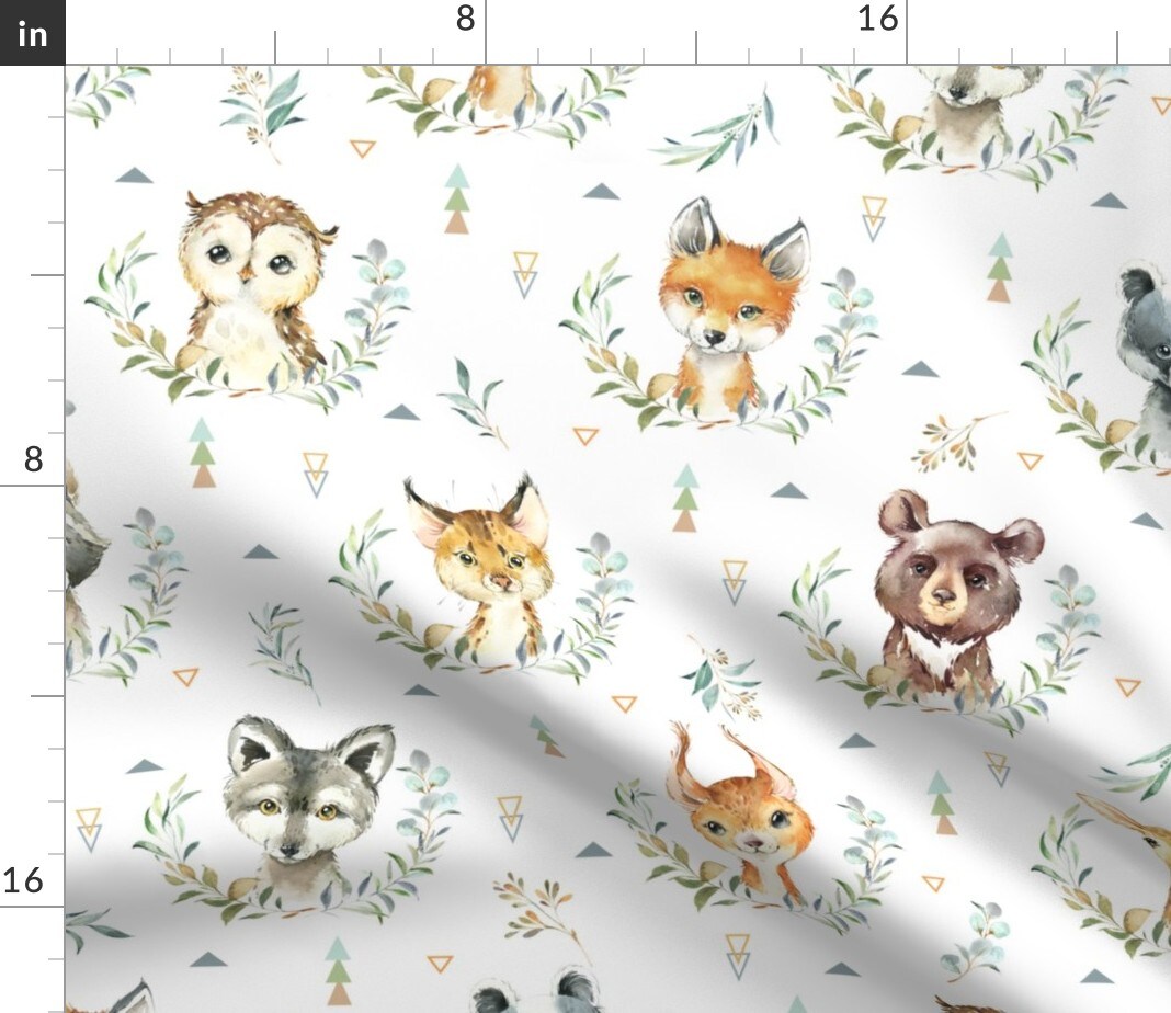 Woodland Animal Faces Bear Fox Raccoon Deer Custom Printed Fabric by Spoonflower Various Fabrics by the Yard or Fat Quarter