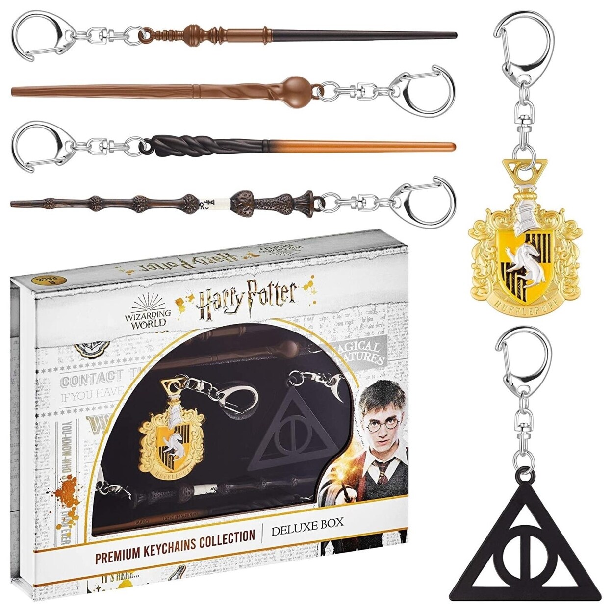 PMI International Harry Potter Wand Keychain 6pk Hufflepuff Crest Deathly Hallows Remus Neville Set