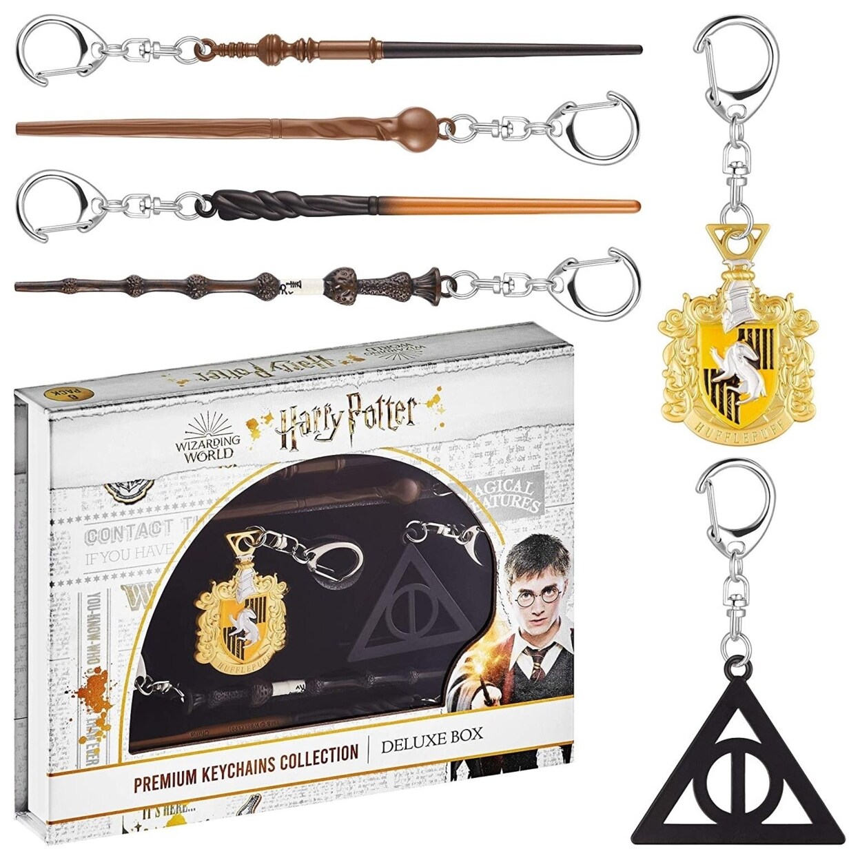 Harry Potter Wand Keychain 6Pk Hufflepuff Crest Deathly Hallows Remus Neville Set Pmi International