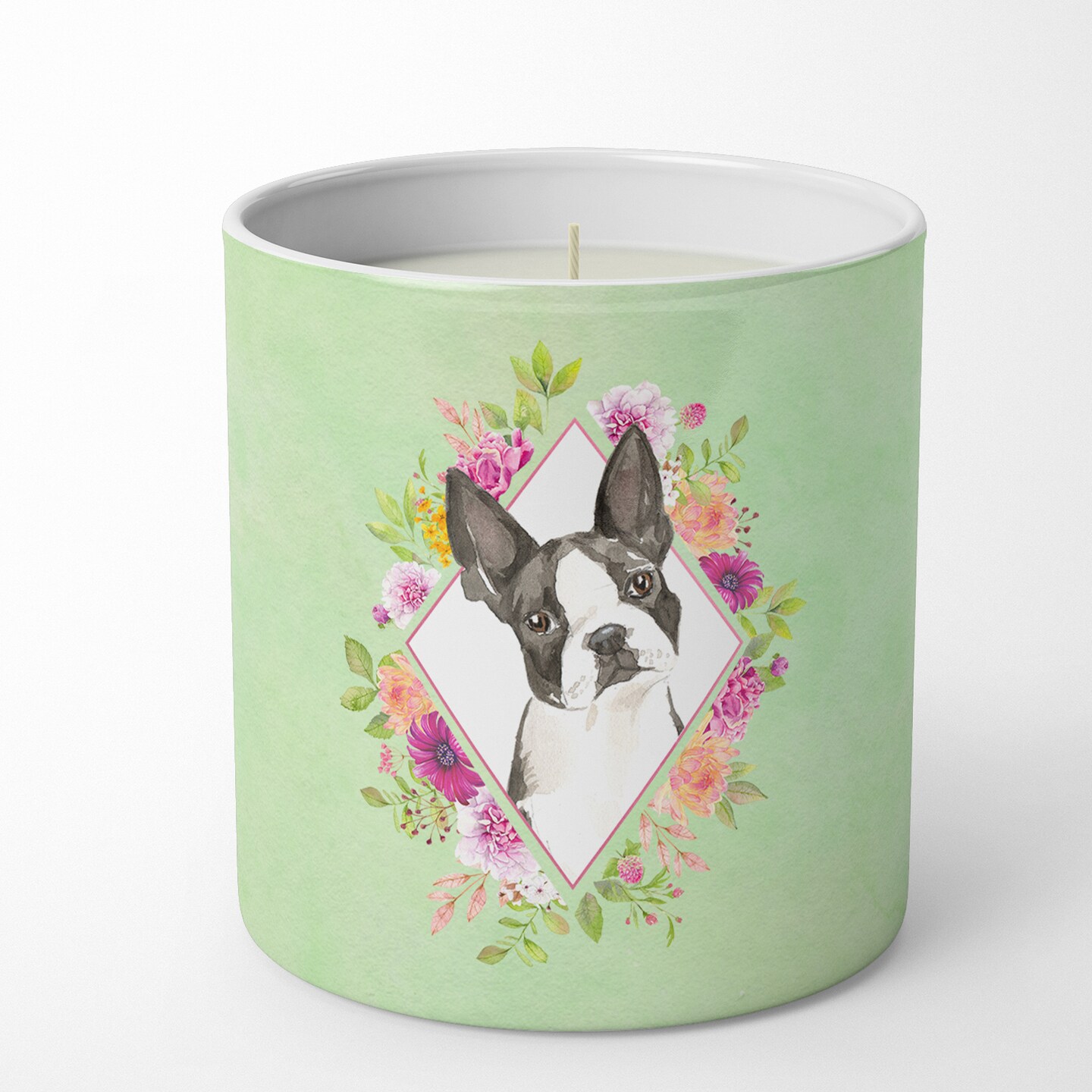 Caroline&#x27;s Treasures Boston Terrier Green Flowers 10 oz Decorative Soy Candle