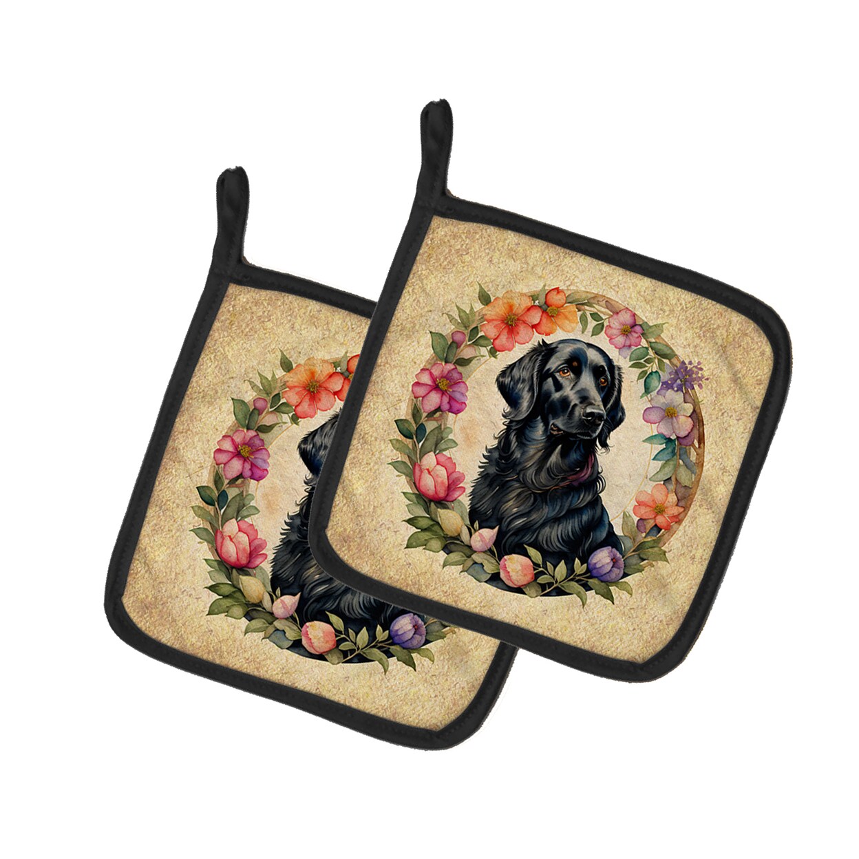 Caroline&#x27;s Treasures Flat-Coated Retriever and Flowers Pair of Pot Holders