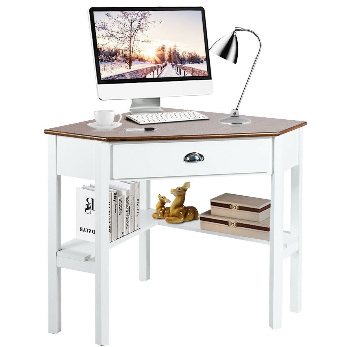 Costway Triangle Computer Desk Corner Office Desk Laptop Table with Drawer Shelves Rustic Brown&#x26;Black/White/Black/Coffee/Grey/Natural&#x26;White