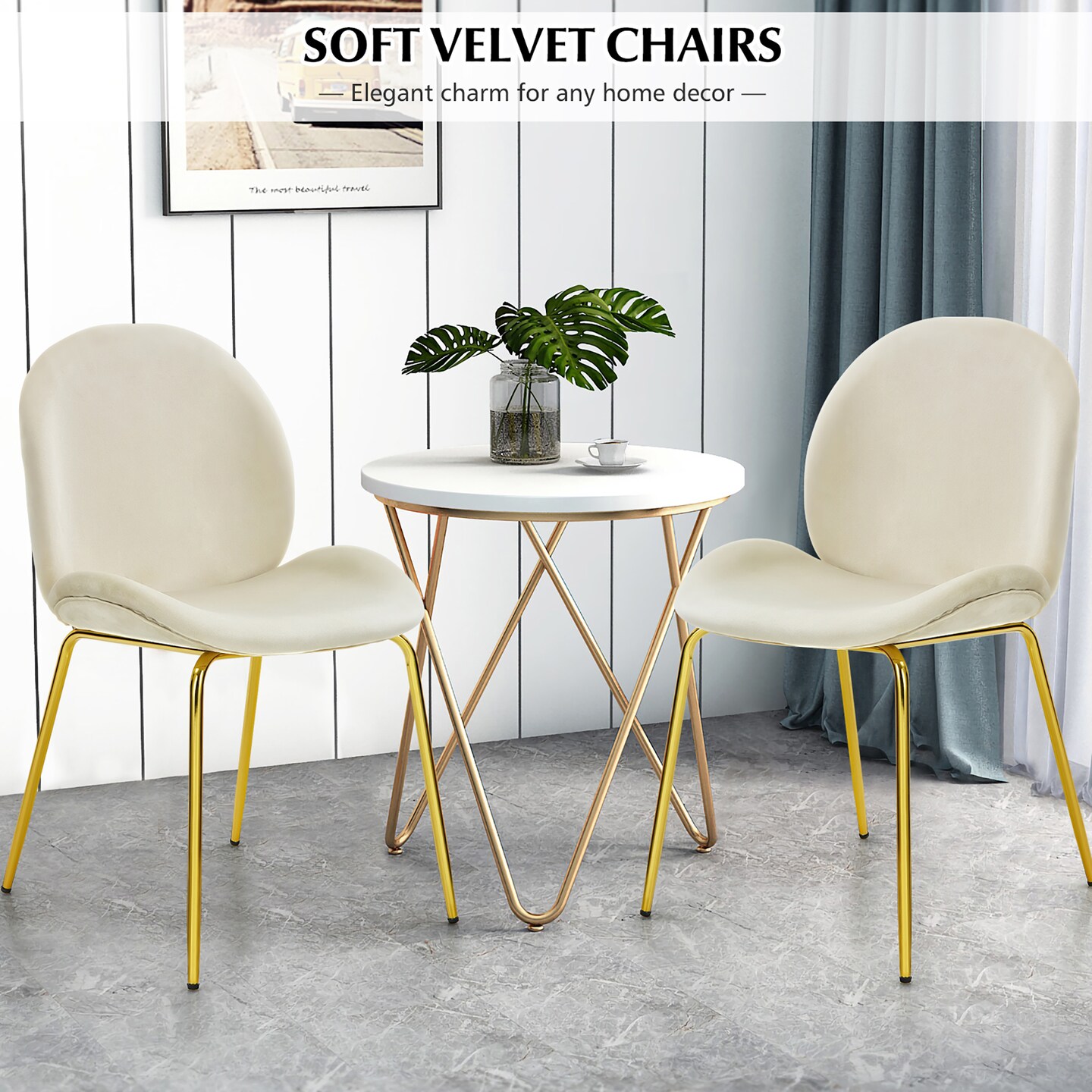 Costway Set of 2 Velvet Accent Chairs Dining Side Chairs w/Gold Metal Legs Pink/Beige/Green/Grey