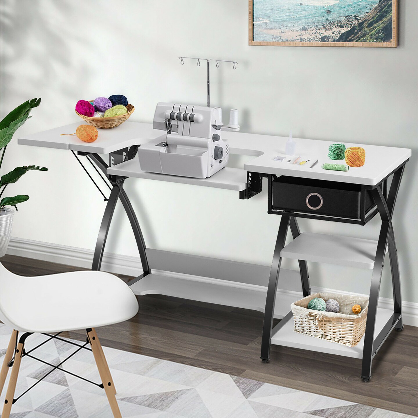 COSTWAY Folding Sewing Table, 2-in-1 Rolling Craft Table with Storage  Shelves and Lockable Casters, Space Saving Sewing Machine Cabinet Computer  Desk (White) : : Home & Kitchen