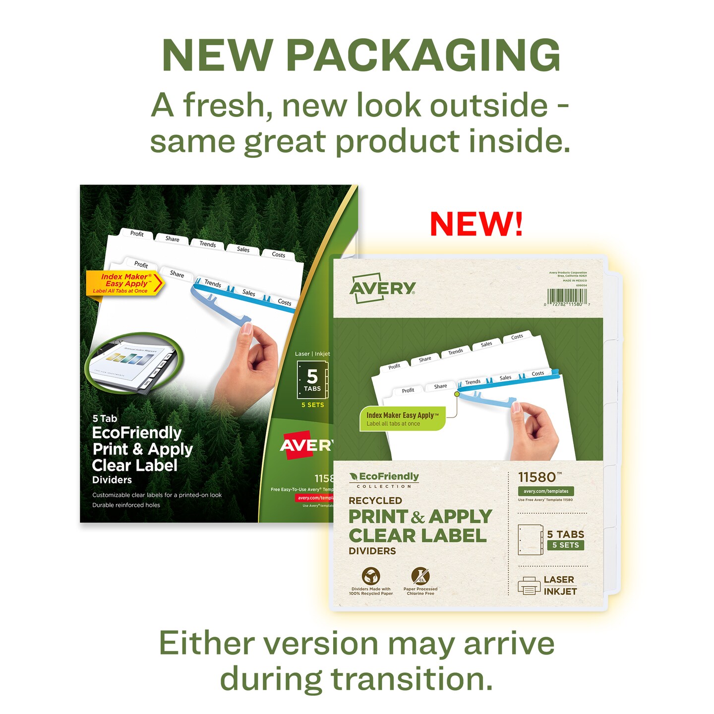 Avery EcoFriendly Recycled Dividers for 3 Ring Binders, 5-Tab, White Tabs, Index Maker Print and Apply Clear Label Strip, 5 Sets for 25 Binder Dividers Total (11580)