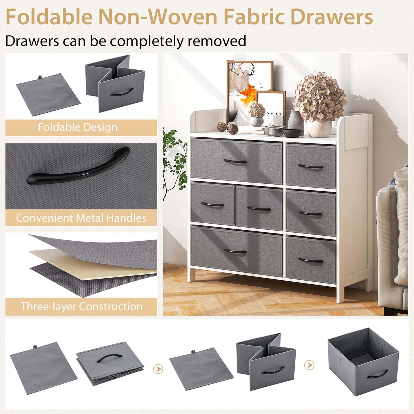 Costway 5/7-Drawer Dresser for Bedroom Chest of Drawers with 2 Large Fabric Bins White