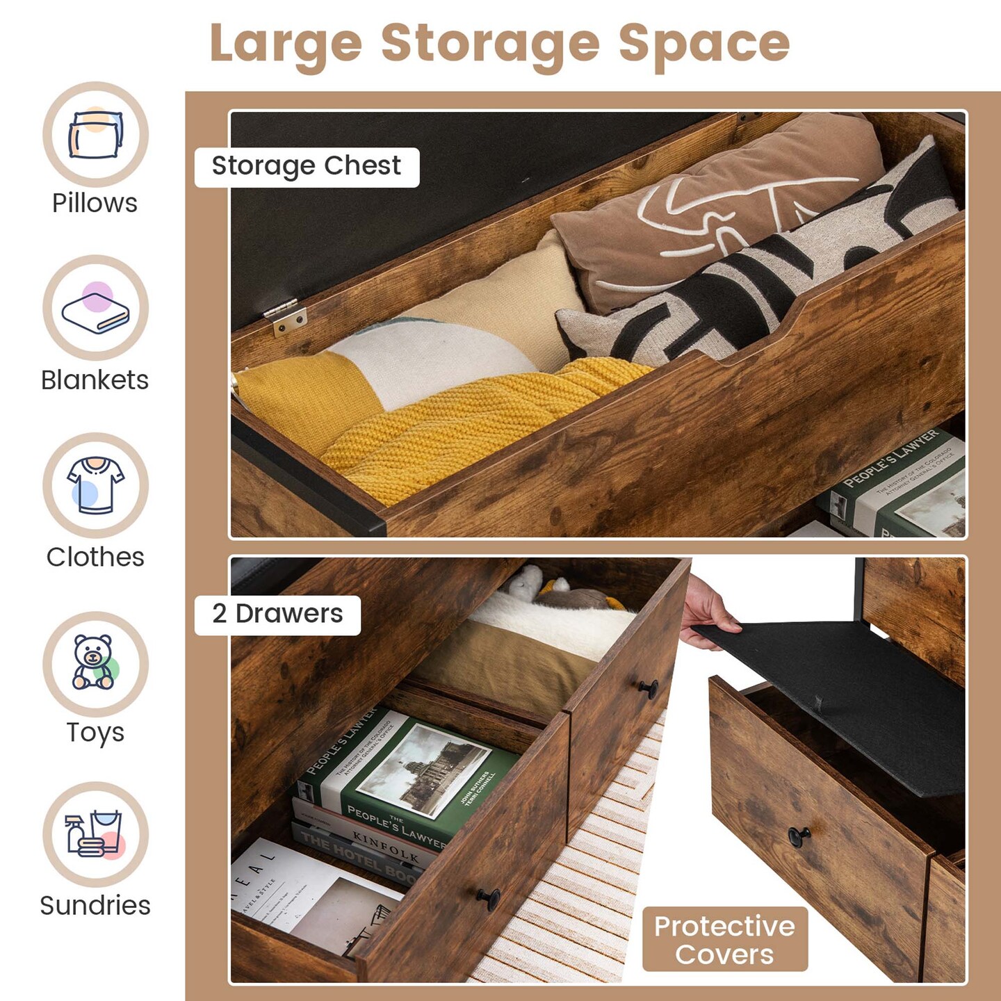 Costway Storage Ottoman Bench Flip Top Wooden Storage Chest with Cushion &#x26; 2 Drawers