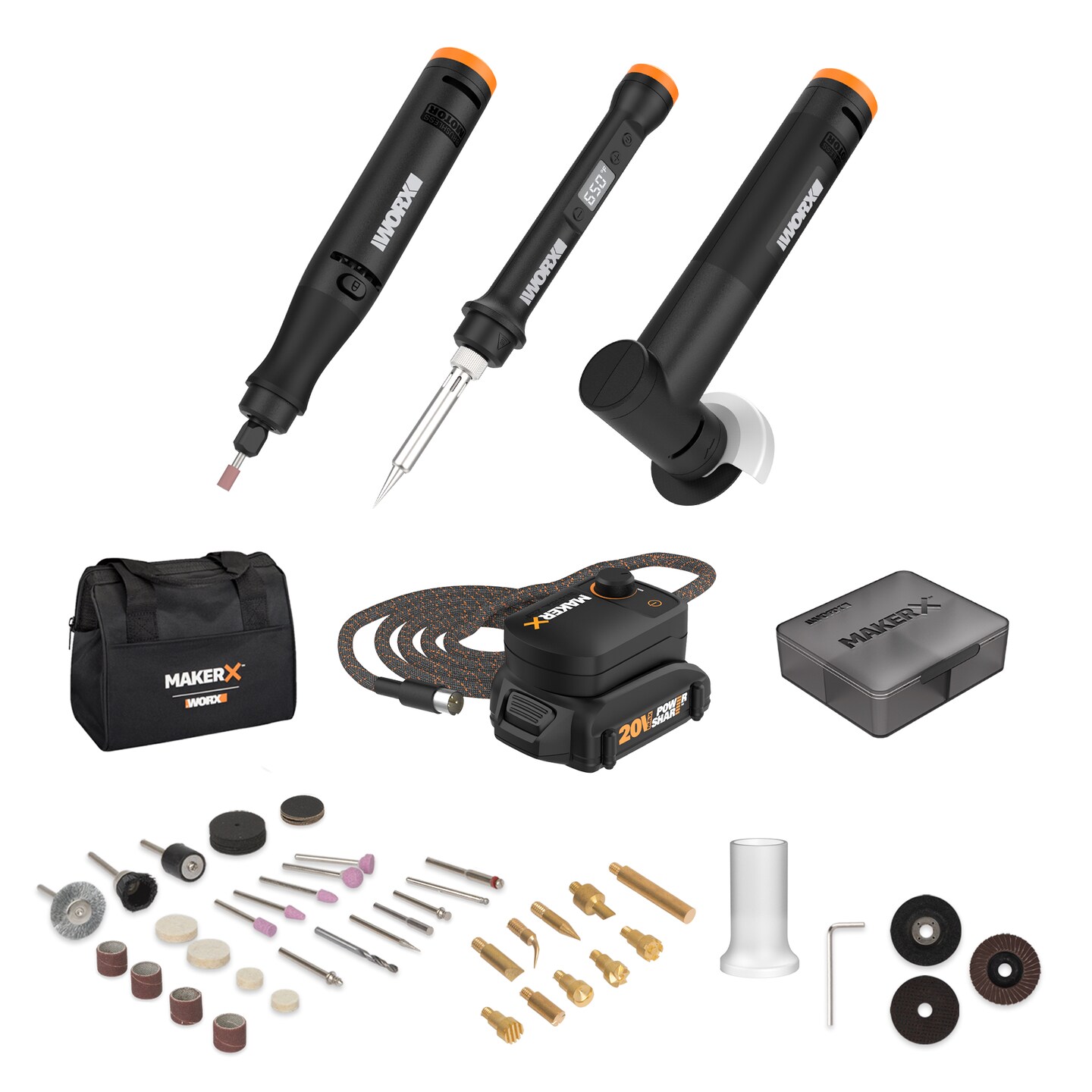 Worx MakerX WX991L 3pc Crafting Tool Combo Kit - Rotary Tool + Angle Grinder + Wood & Metal Crafter