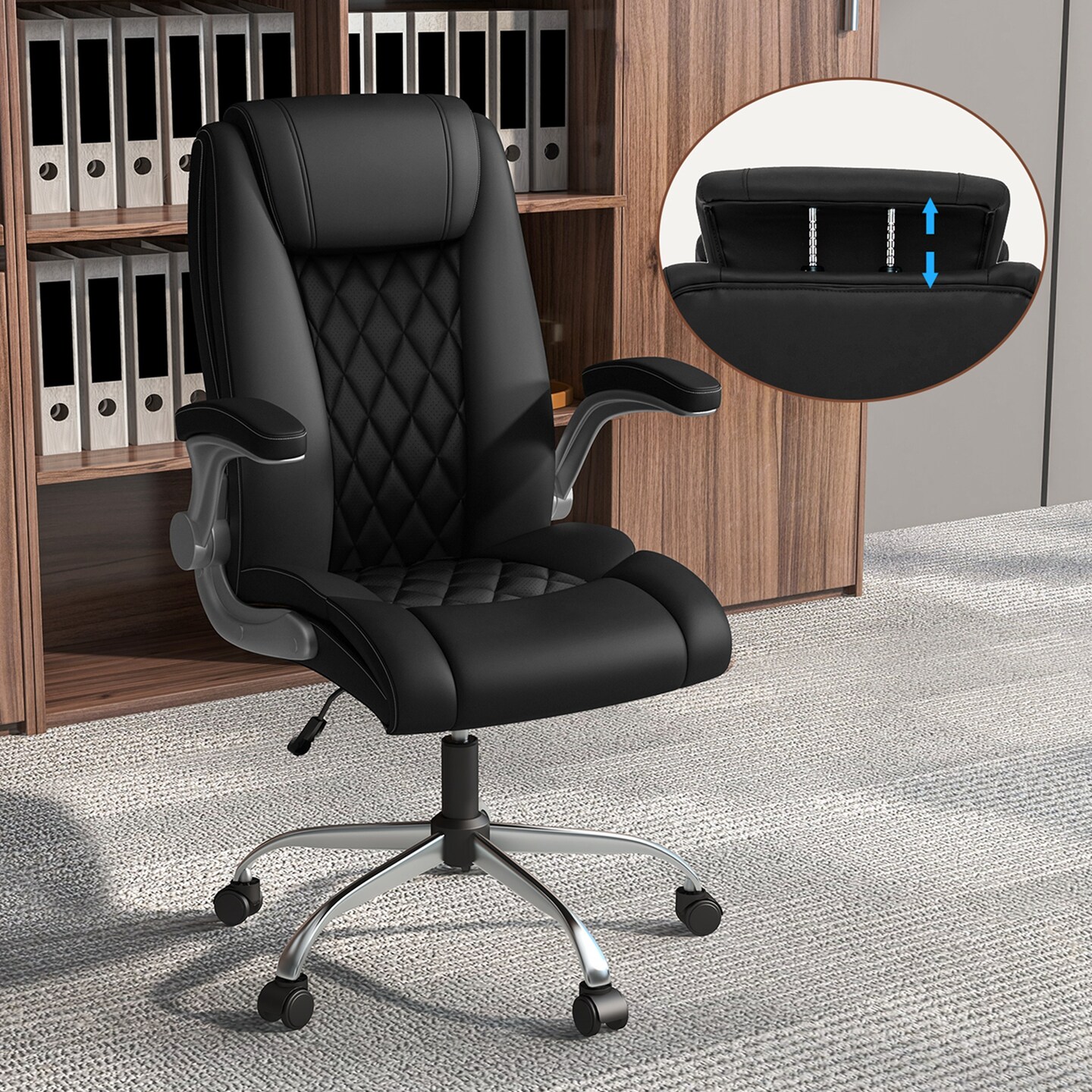 Costway PU Leather Office Chair Height Adjustable Executive Chair with Adjustable Headrest Brown/Black