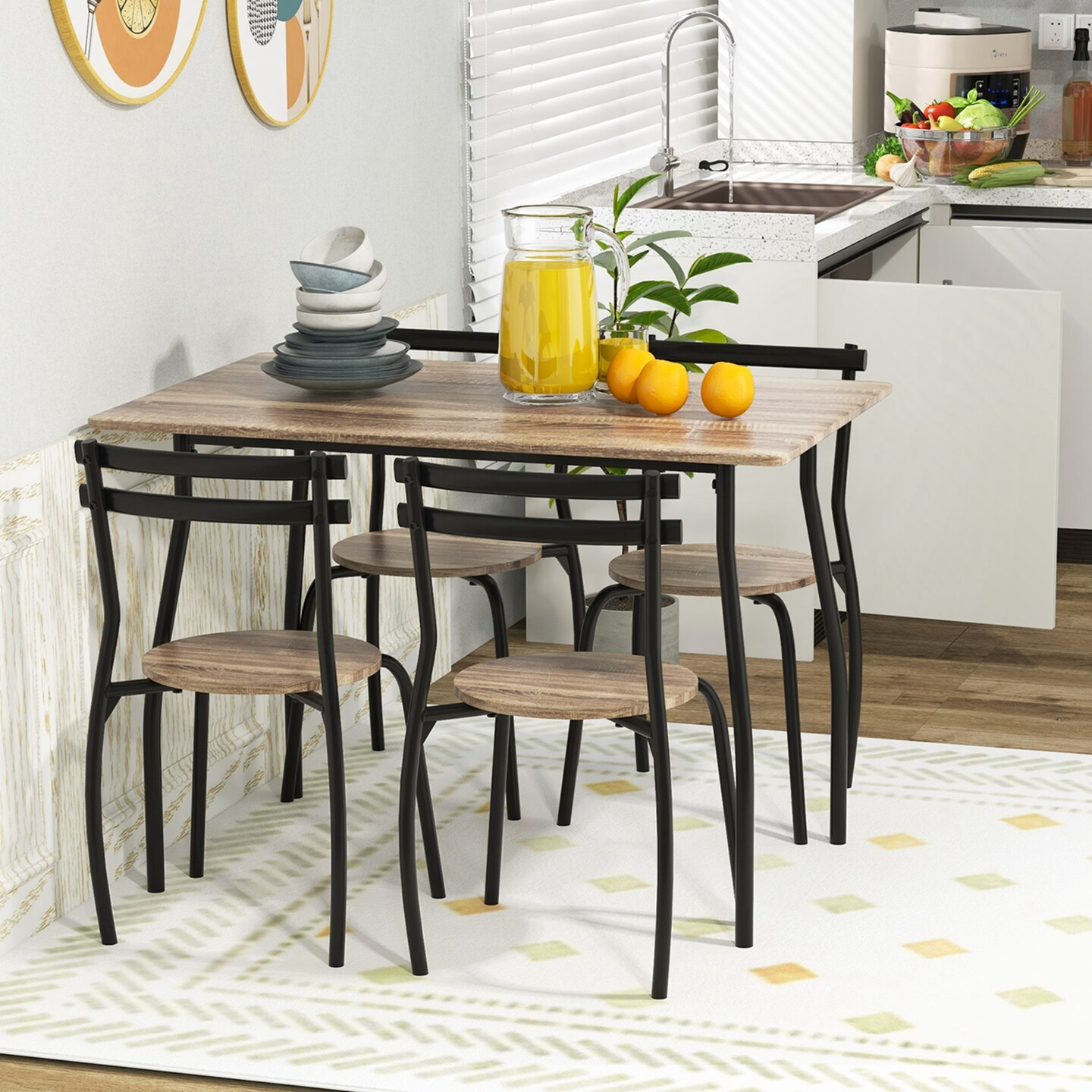 Costway 5PCS Dining Table Set 4 Chairs Wood &#x26; Metal Frame Space-saving Kitchen Furniture