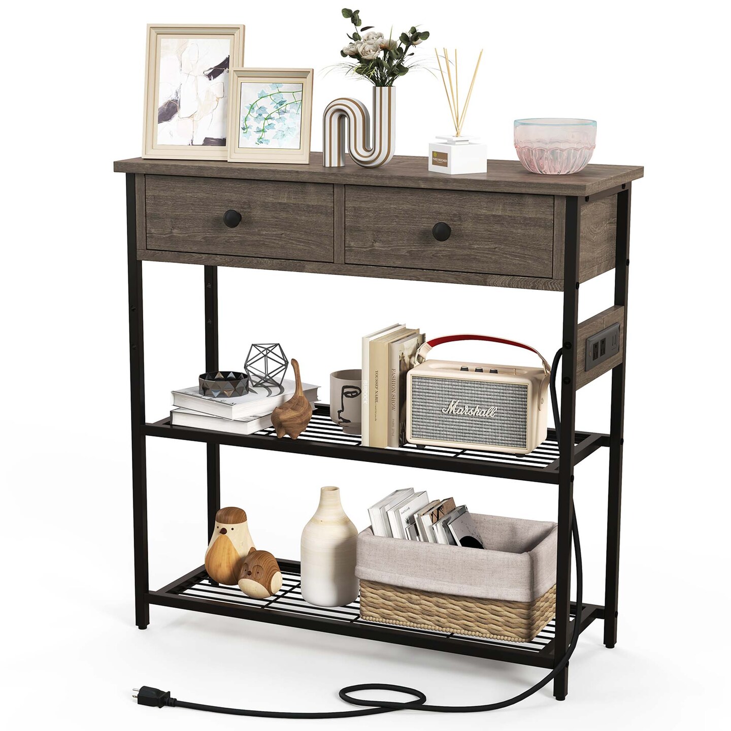 Costway Entryway Table with Charging Station Narrow Console Table with 2 Drawers Brown/Oak