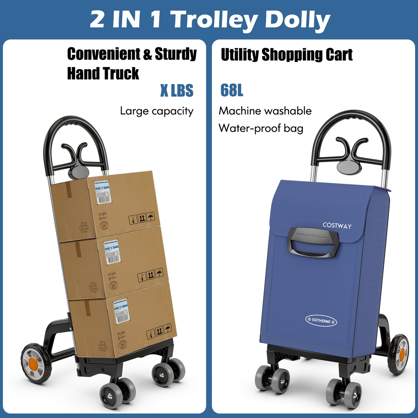 Costway Folding&#xA0;Shopping&#xA0;Cart&#xA0;Utility Hand&#xA0;Truck&#xA0;with Rolling Swivel Wheels, Removable Bag &#x26; Cozy Handle