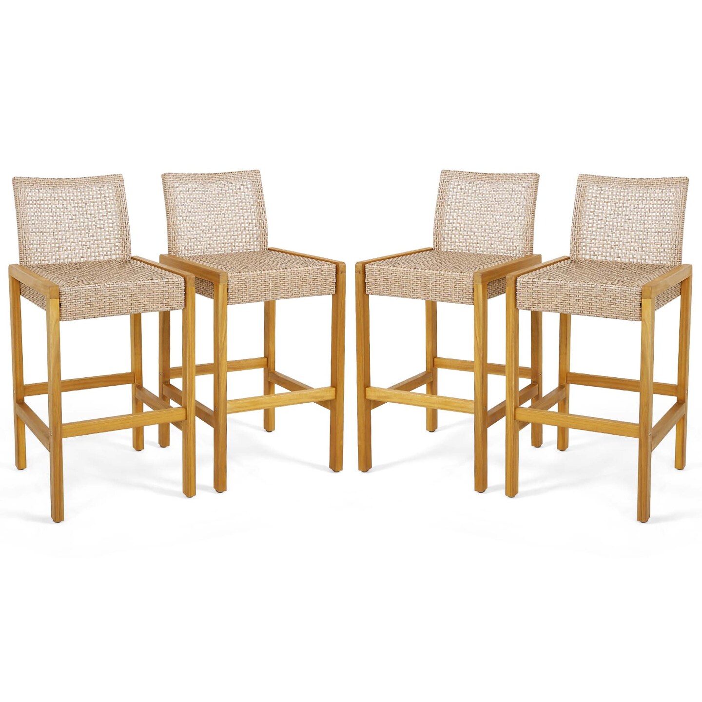 Costway Set of 4 Patio Wood Barstools Rattan Bar Height Chairs with Backrest Porch Balcony