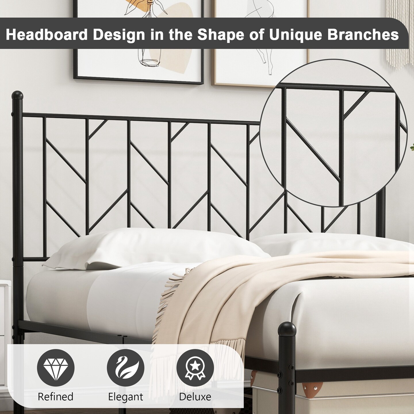 Costway Full/Qween/Twin Size Metal Platform Bed Frame Vintage Headboard Mattress Foundation Black