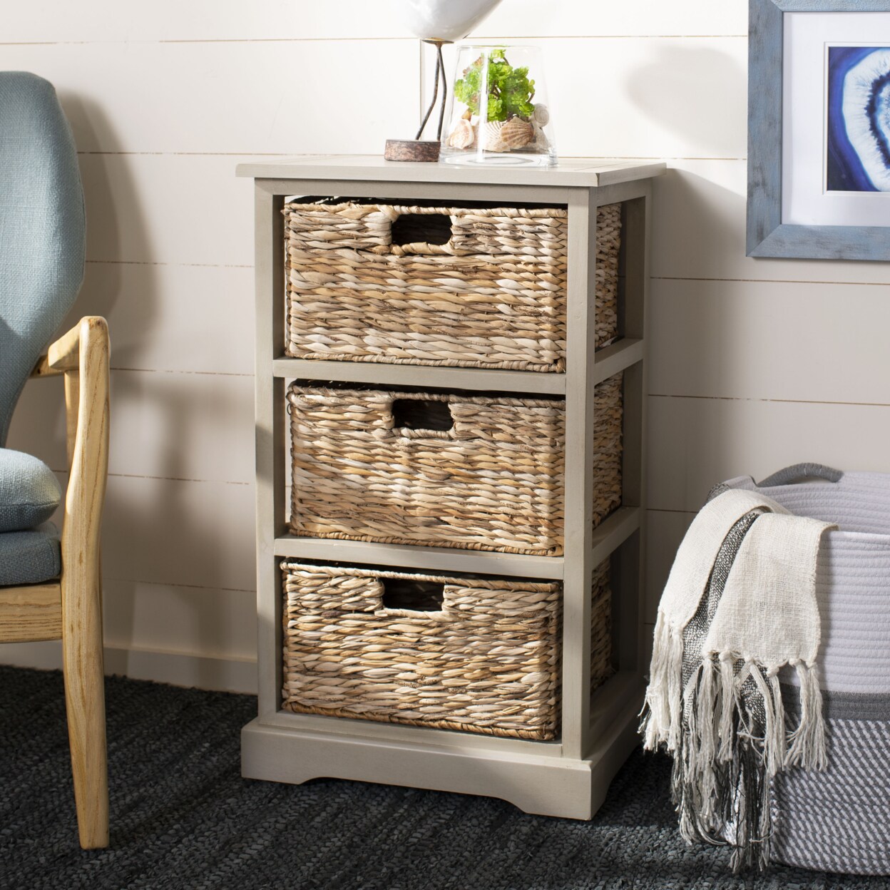 Safavieh   Halle 3 Wicker Basket Storage Side Table Vintage Grey
