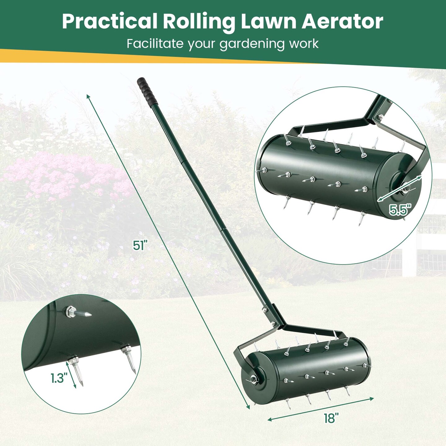 Costway 18&#x22;/21&#x22; Manual Lawn Aerator Heavy Duty Rolling Push Grass Filled with Sand or Stone Aeration Tool with Handle Green