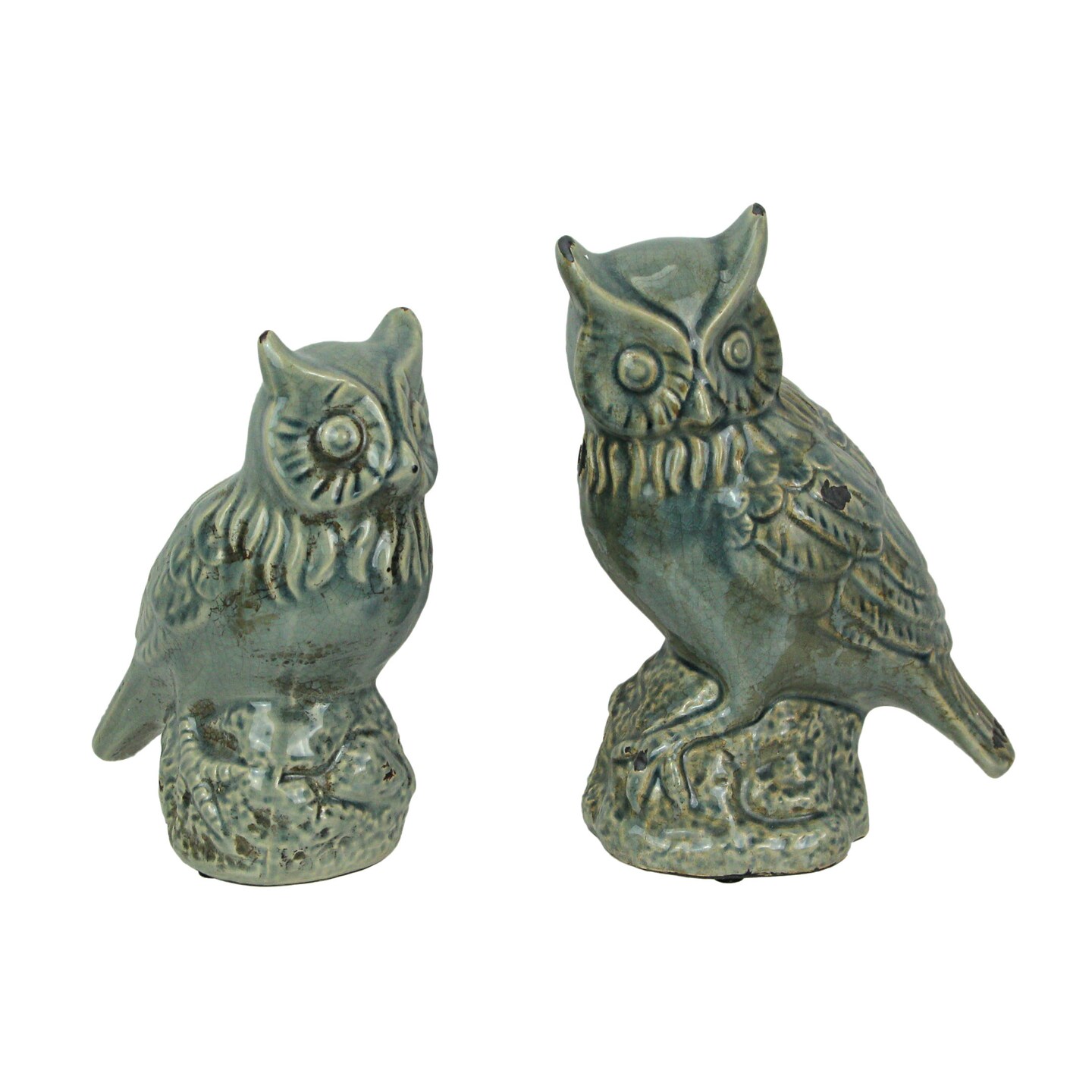 Grey Crackle Finish Set of 2 Ceramic Owl Statues