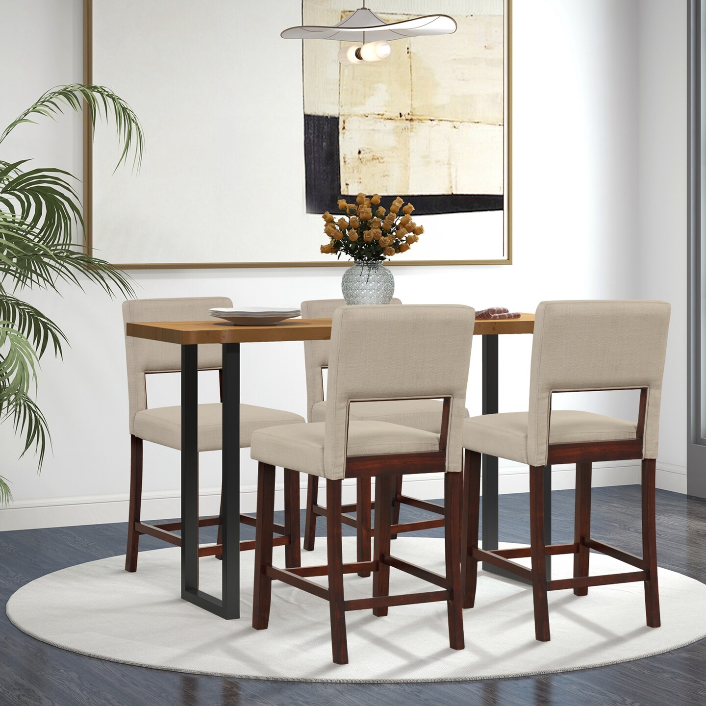 Costway Set of 2 Upholstered Linen Bar Stools 24.5&#x27;&#x27; Wooden Dining Chairs with Back Beige/Brown