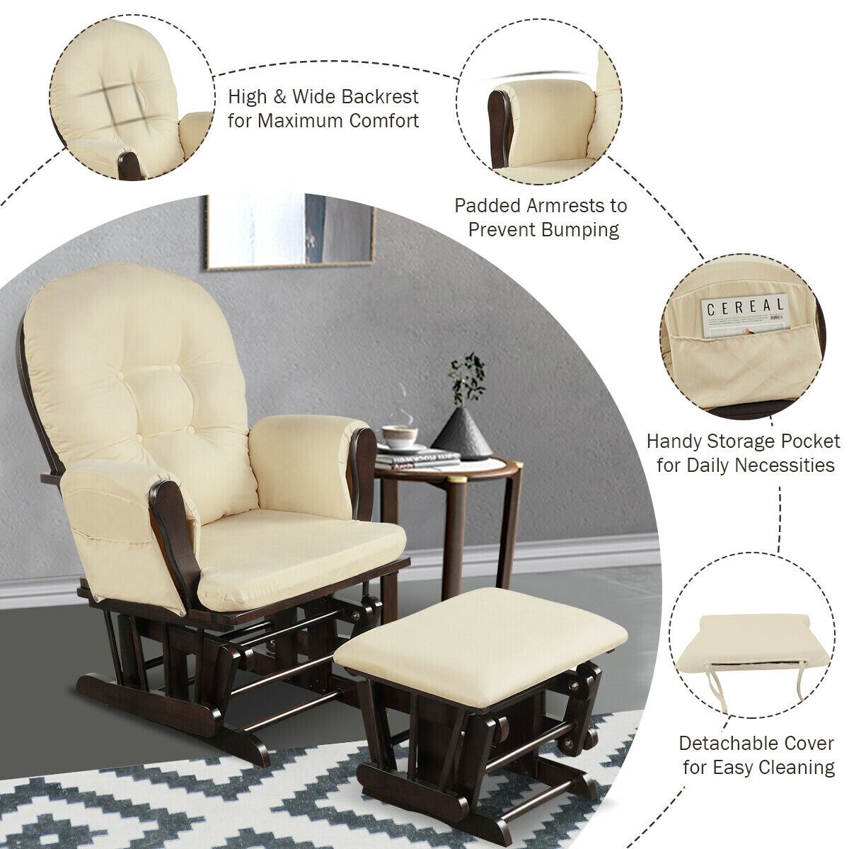 Solid Wood Gliding Chair Set with Pockets and Ottoman for Relaxing