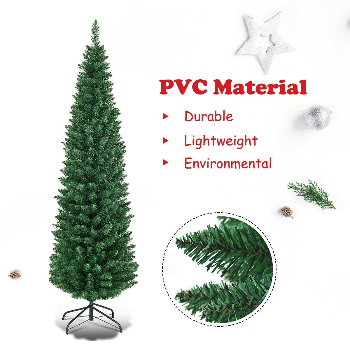 PVC Artificial Slim Pencil Christmas Tree with Metal Stand Ideal for Small Spaces
