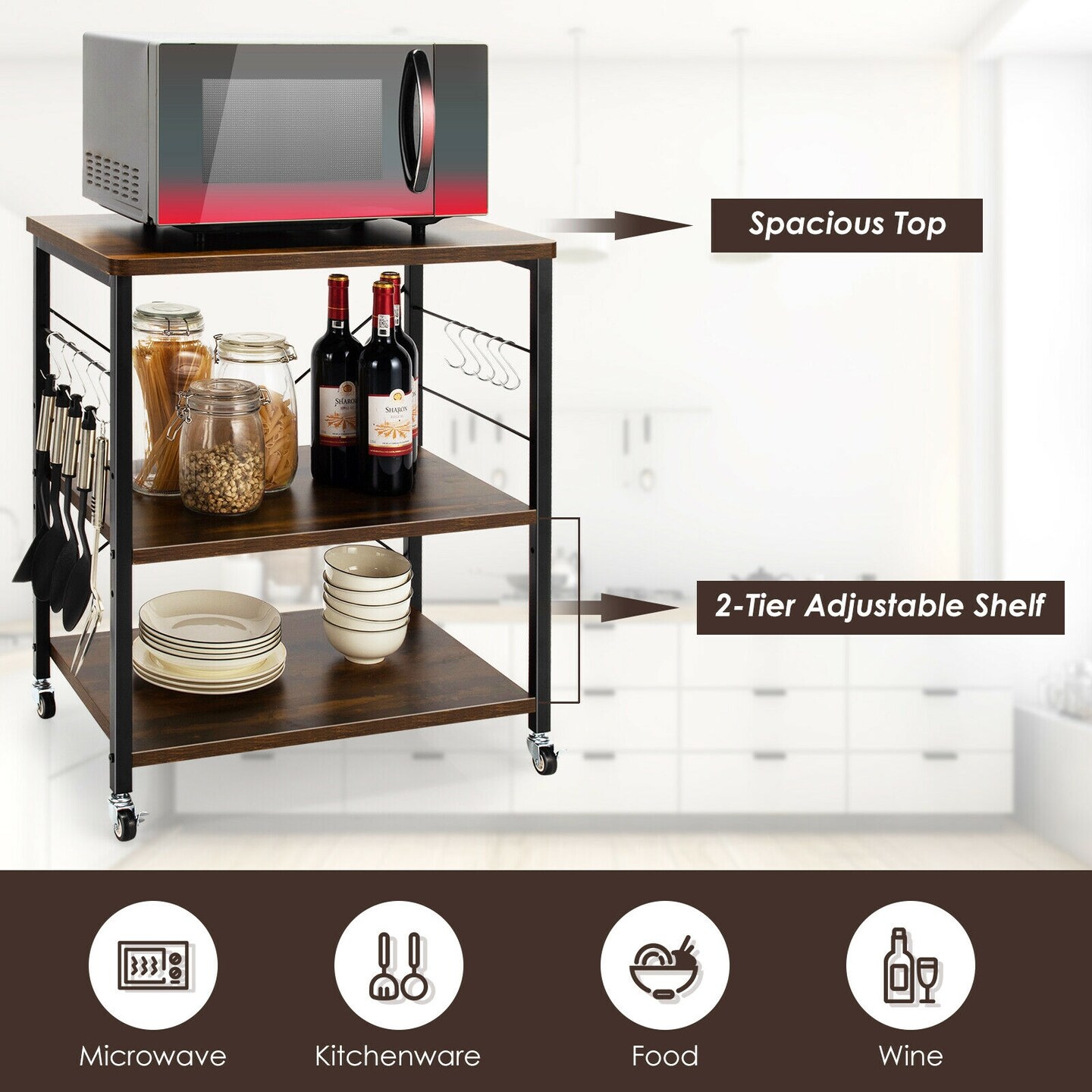 3-Tier Kitchen Baker&#x27;s Rack Microwave Oven Storage Cart with Hooks