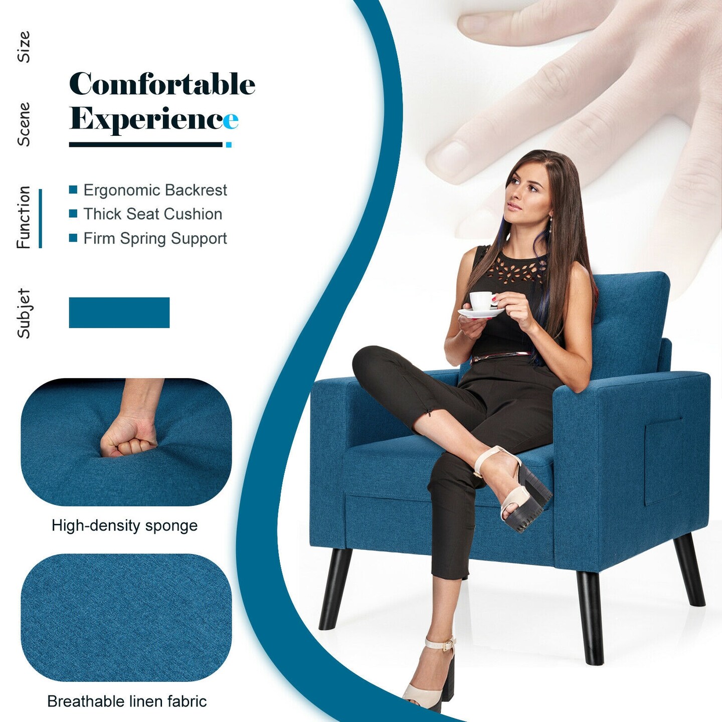 Modern Button Tufted Accent Chair with Rubber Wood Legs and Wide Backrest Ideal for Any Room