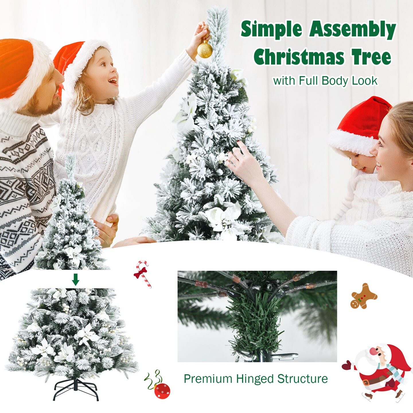 Snow Flocked Christmas Pencil Tree with Berries and Poinsettia Flowers