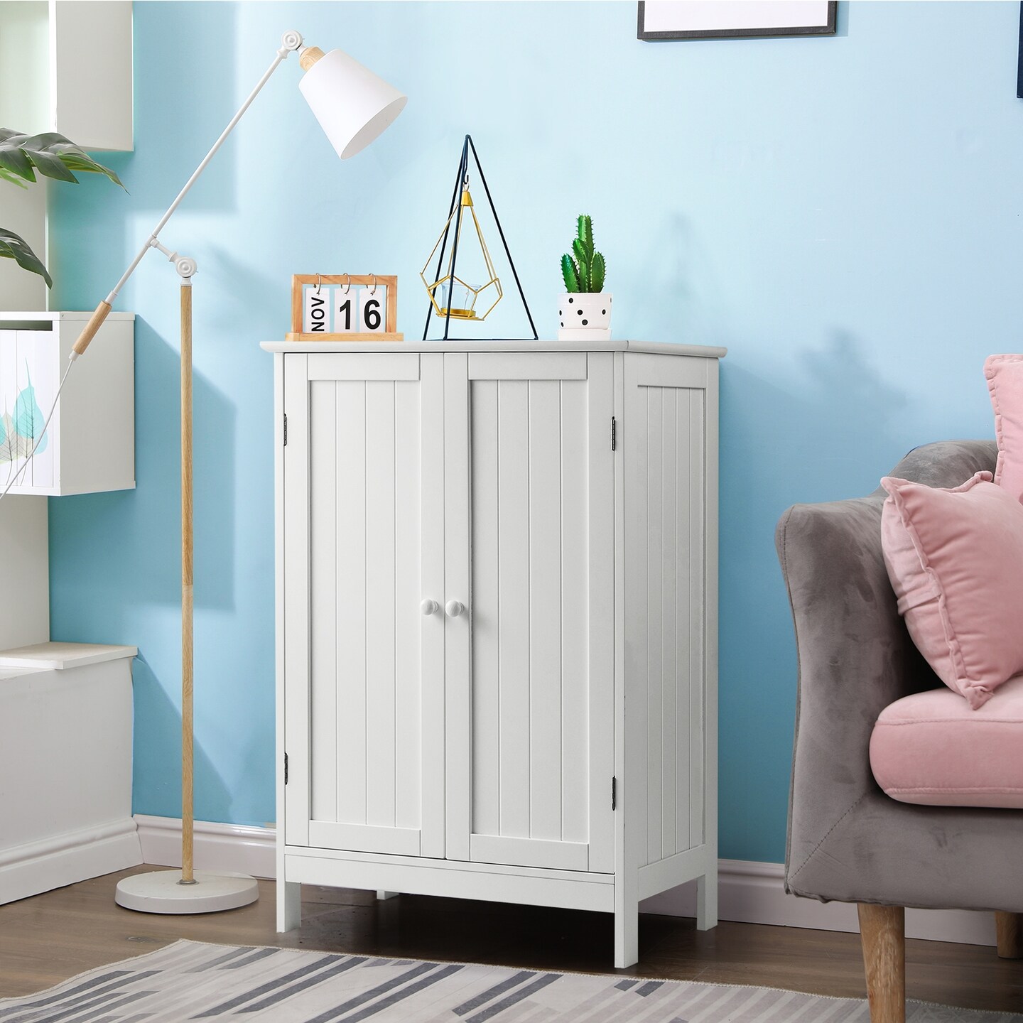 2-Door Freer-Standing Bathroom Storage Organizer Cabinet with Shelf