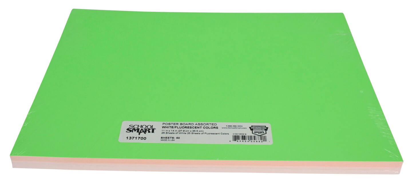School Smart Poster Board, 11 x 14 Inches, White/Assorted Neon Colors, Pack of 50