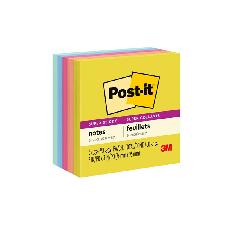 Post-it Super Sticky Notes, 3x3 in, Summer Joy Collection, Assorted Colors, 90 Sheets/Pad, 5 Pads/Pack, 2 Packs