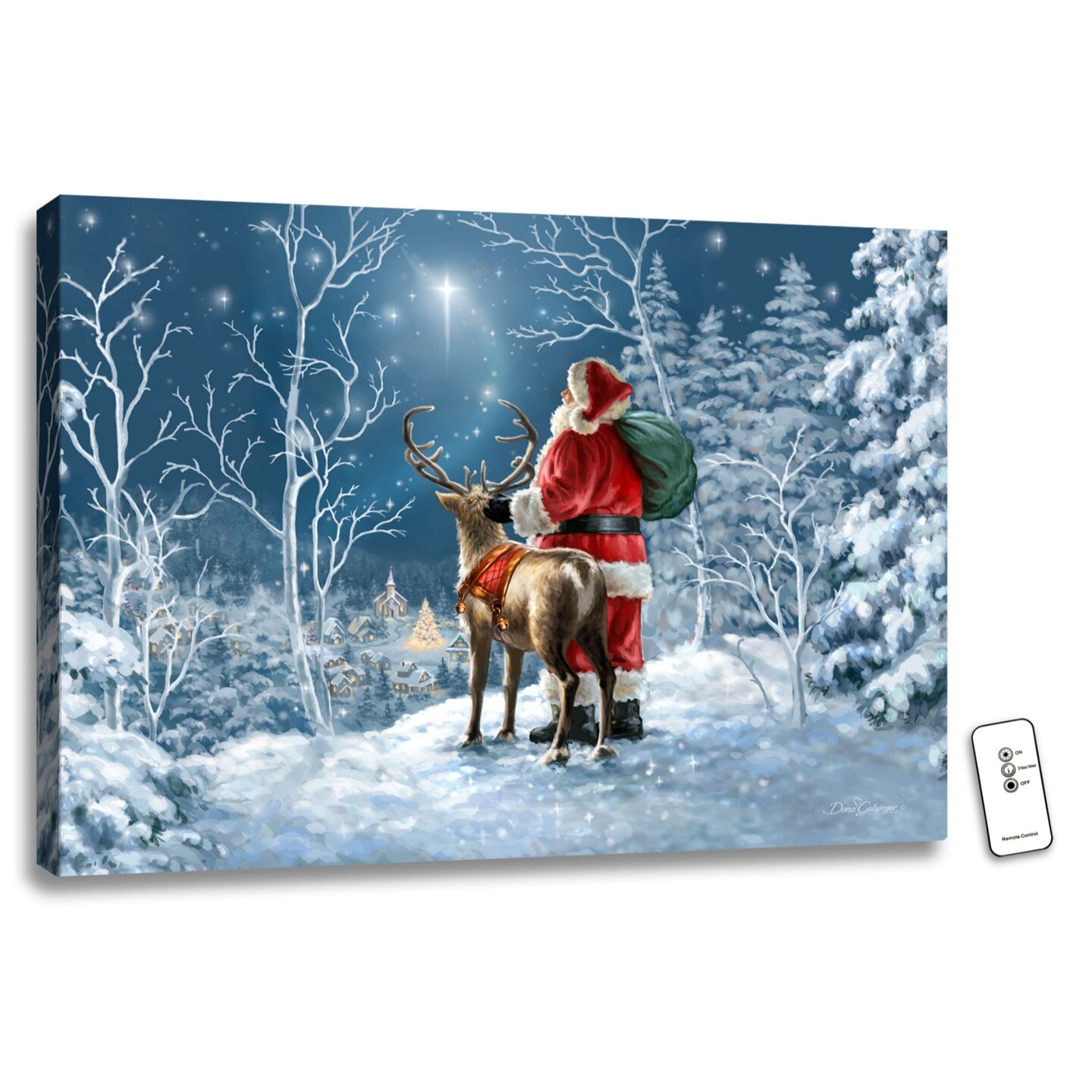 Glow Decor 18&#x22; x 24&#x22; White and Red Starry Night Santa Christmas Back-lit Wall Art with Remote Control