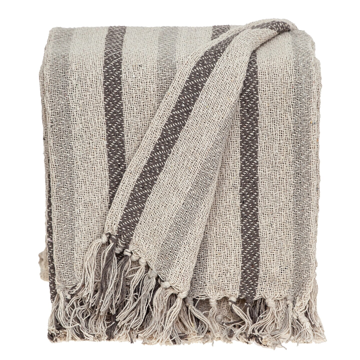 Nassau Collection Beige and White Woven Handloomed Striped Throw Blanket 52&#x22; x 67&#x22;