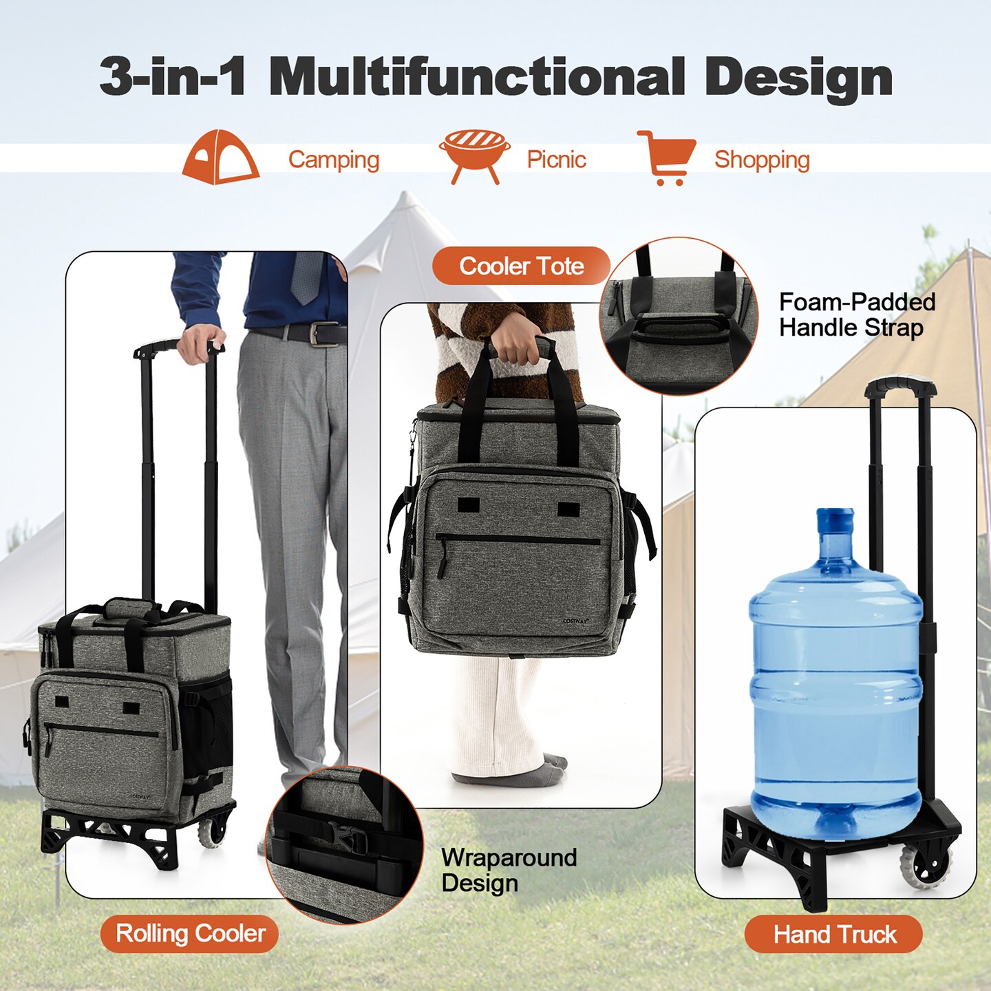 Costway 50-Can 3-in-1 Insulated Rolling Cooler with Adjustable Handle &#x26; Bottom Plate Blue/Grey