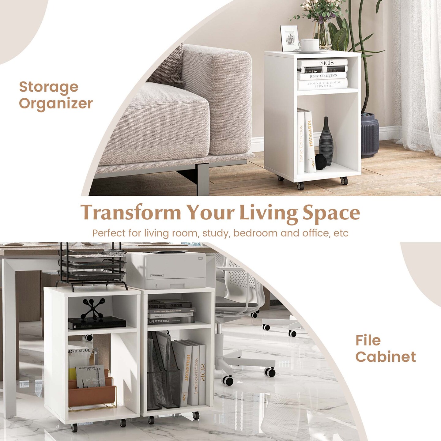 Costway Mobile File Cabinet Wooden Printer Stand Vertical Storage Organizer Home Office