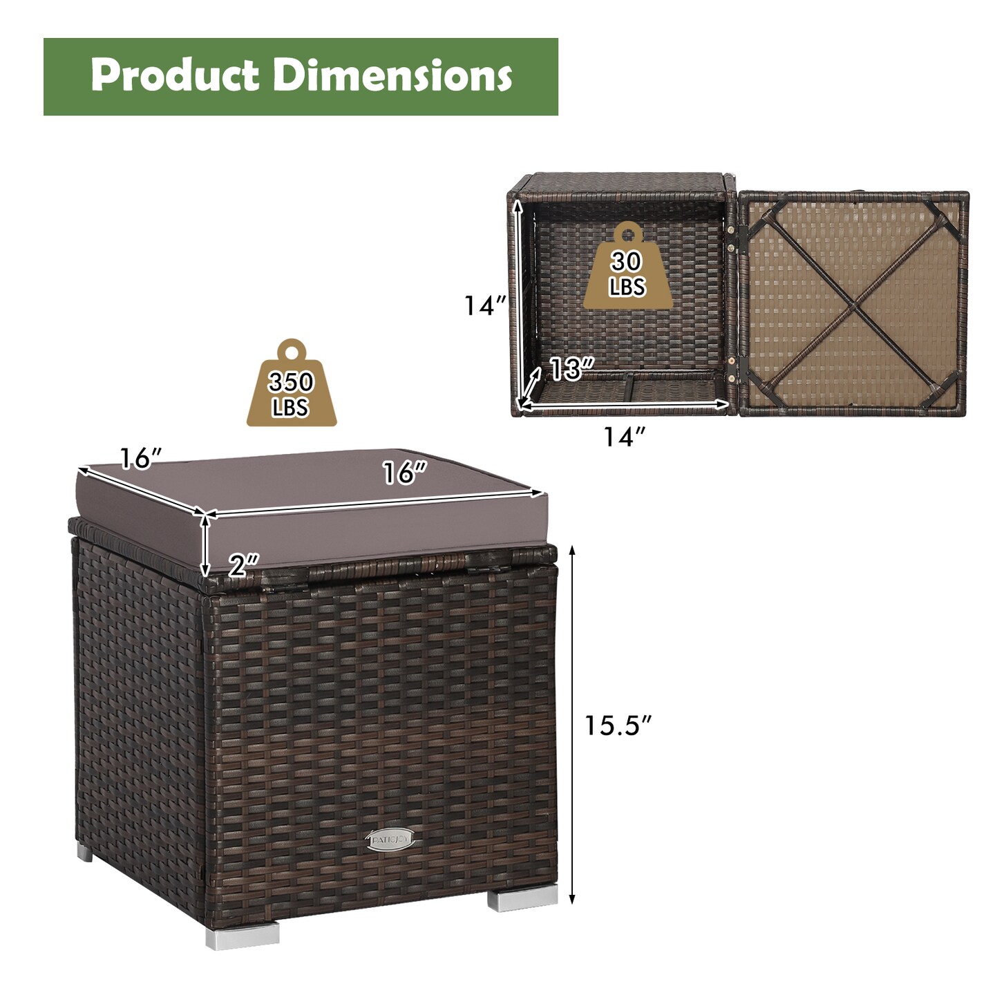 2 Pieces Patio Storage Ottoman with Removable and Washable Cushions