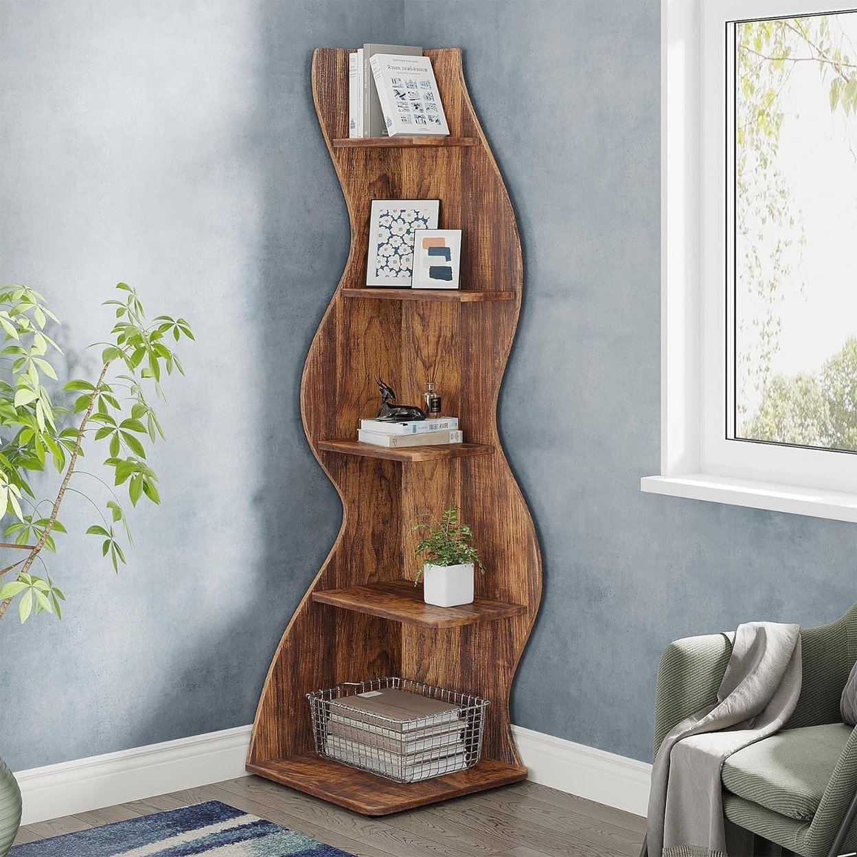 Tribesigns Rustic 5-Tier Corner Shelf Adjustable Plant Stand Wall Bookshelf